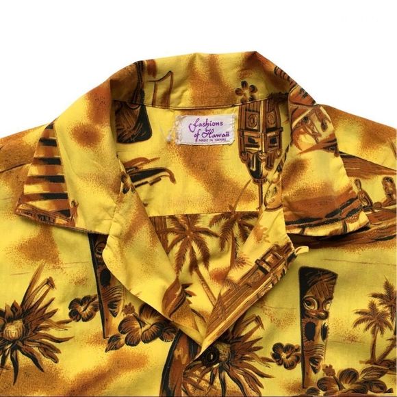 Vintage Fashions of Hawaii 1950s 1960s authentic yellow Hawaiian shirt medium - Picture 4 of 16